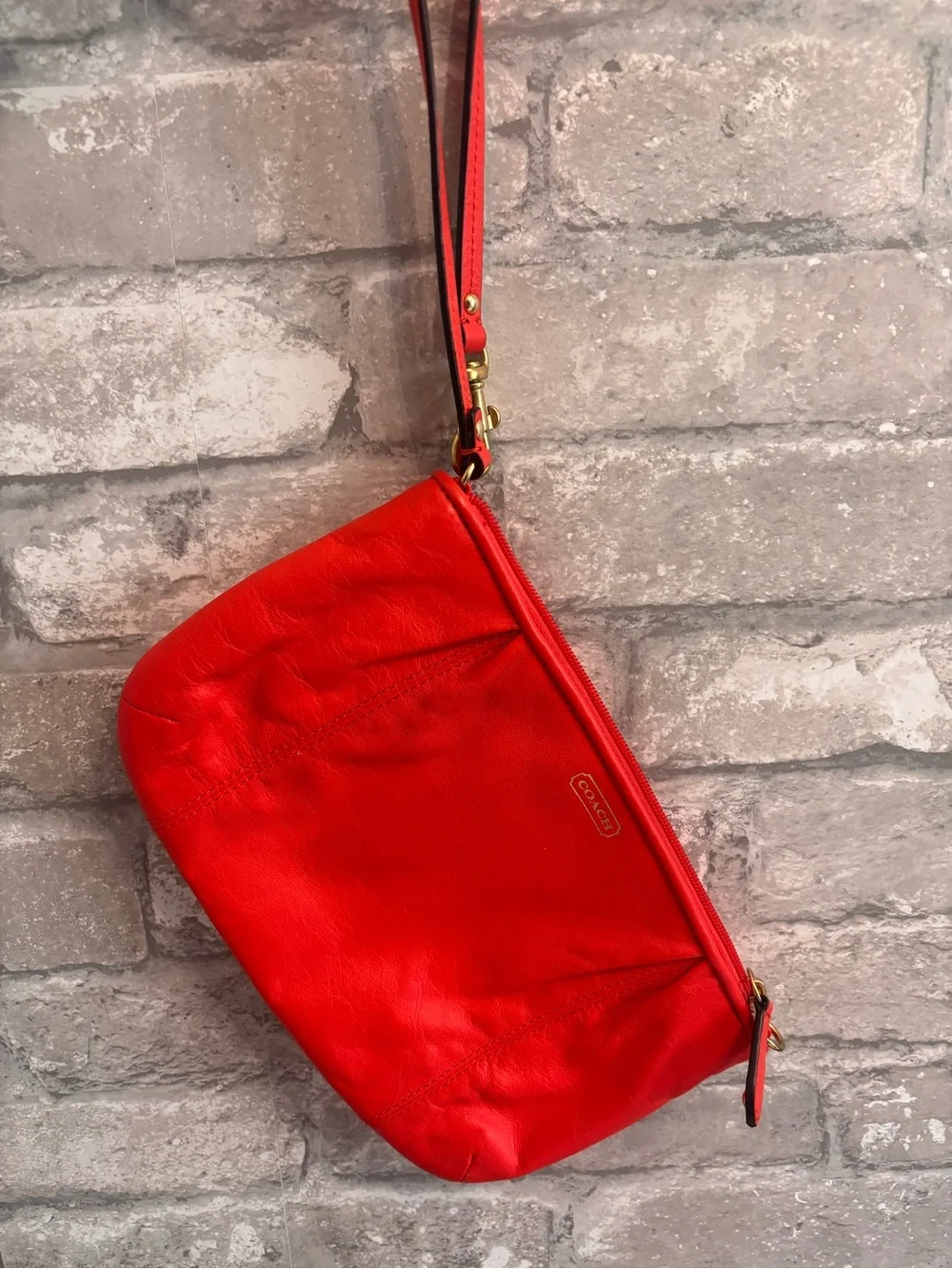 Coach Bright Redish Orange Leather Wristlet Clutch